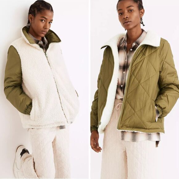 NEW Madewell Reversible Sherpa Puffer‎ Jacket in Colorblock, M - Picture 1 of 16